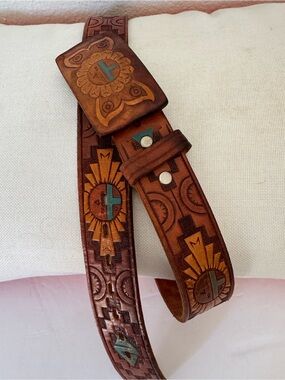 Hand-Tooled Brown Genuine Leather Hand Painted Native Aztec Belt SZ 34